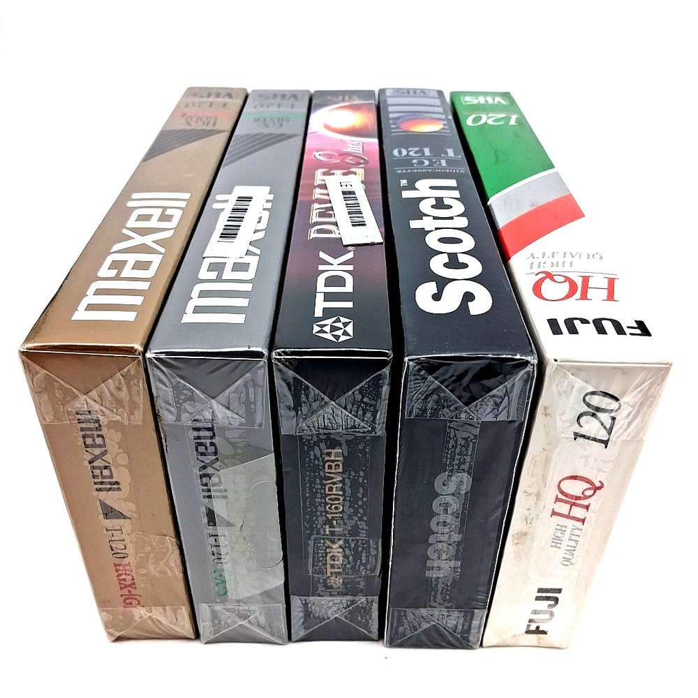 Lot of 5 Sealed VHS Tapes Maxell T-120 Fuji HQ 120 Scott T-120 TDK T-160 Vintage